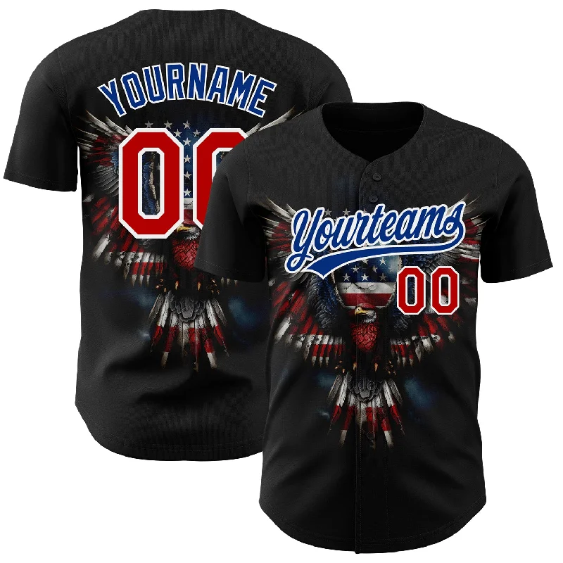 Personalized Baseball Jerseys For Schools-Custom Black Red-Royal 3D American Flag Eagle Patriotic Authentic Baseball Jersey