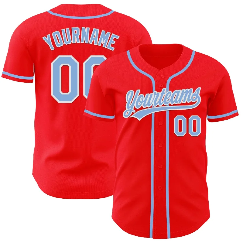 Custom Baseball Jerseys With Unique Text-Custom Fire Red Light Blue-White Authentic Baseball Jersey