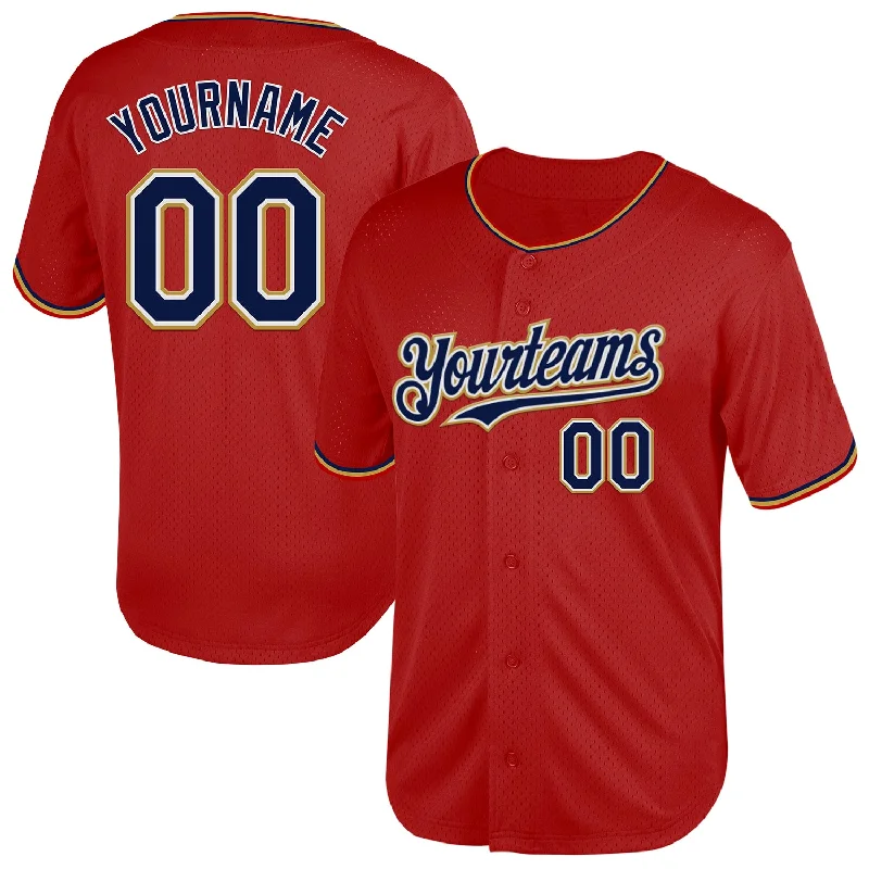 Premium Cotton Baseball Jerseys-Custom Red Navy-Old Gold Mesh Authentic Throwback Baseball Jersey