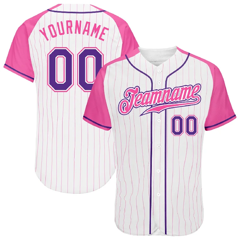 Custom Baseball Jerseys For Kids-Custom White Pink Pinstripe Purple-Pink Authentic Raglan Sleeves Baseball Jersey