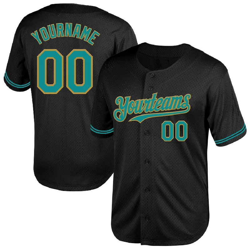 Custom Team Jerseys For Baseball Leagues-Custom Black Teal-Old Gold Mesh Authentic Throwback Baseball Jersey