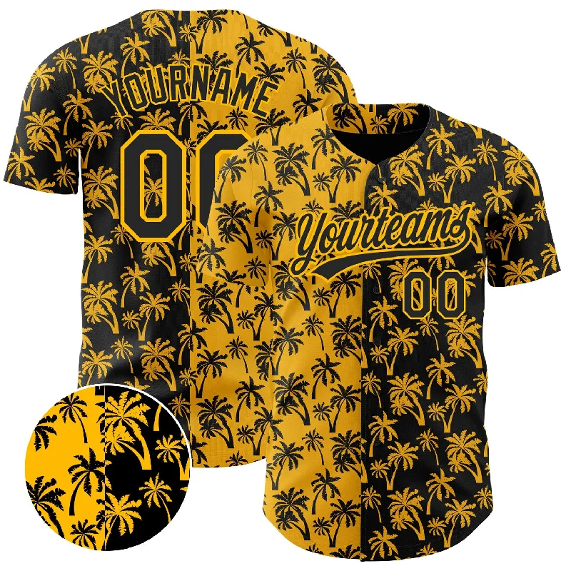 Sports Team Baseball Jerseys-Custom Gold Black 3D Pattern Design Tropical Hawaii Palm Trees Authentic Baseball Jersey