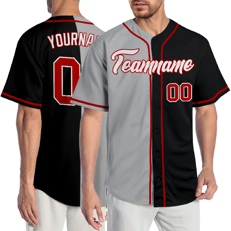 Personalized Baseball Jerseys With Player Stats-Custom Black Red-Gray Authentic Split Fashion Baseball Jersey