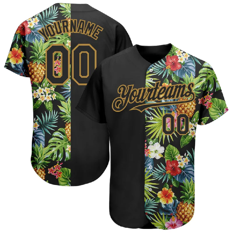 Personalized Baseball Jerseys For Schools-Custom Black Old Gold 3D Pattern Design Hawaii Tropical Pineapples, Palm Leaves And Flowers Authentic Baseball Jersey