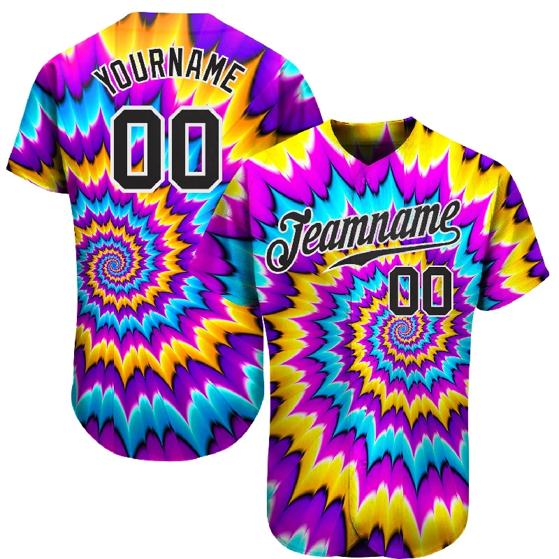 Baseball Jerseys With Bright Designs-Custom Tie Dye Black-White 3D Authentic Baseball Jersey