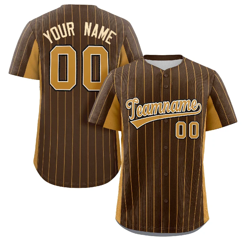 Baseball Jerseys With Player Name & Number-Custom Brown Gold Stripe Fashion Design Full Button Authentic Baseball Jersey