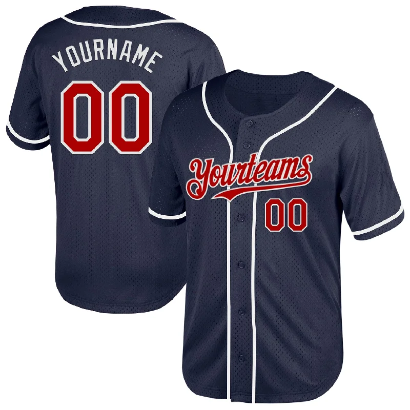 Custom Baseball Jerseys For Players-Custom Navy Red-White Mesh Authentic Throwback Baseball Jersey