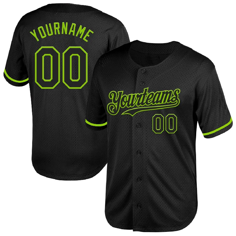 Baseball Jerseys With Bold Numbers-Custom Black Neon Green Mesh Authentic Throwback Baseball Jersey