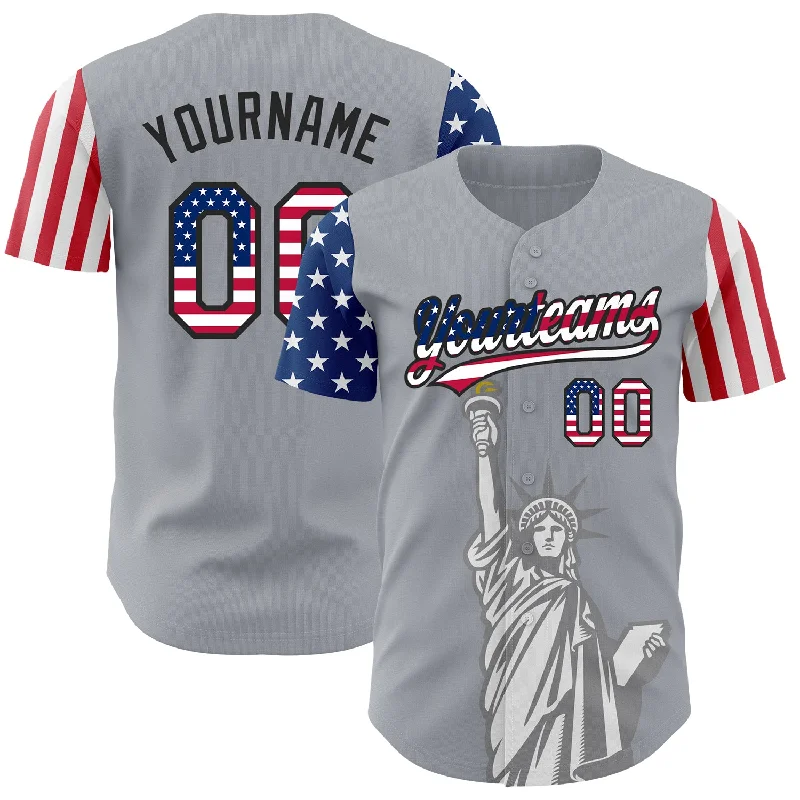 Baseball Jerseys With Bold Numbers-Custom Gray USA Flag-Black 3D American Flag Statue of Liberty Patriotic Authentic Baseball Jersey