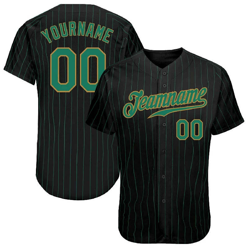 Customizable Baseball Jerseys-Custom Black Kelly Green Pinstripe Kelly Green-Old Gold Authentic Baseball Jersey