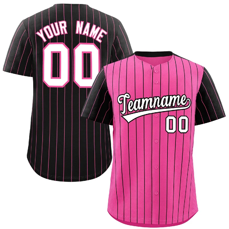 Personalized Baseball Jerseys With Unique Designs-Custom Pink Black Pinstripe Personalized Raglan Sleeves Authentic Baseball Jersey