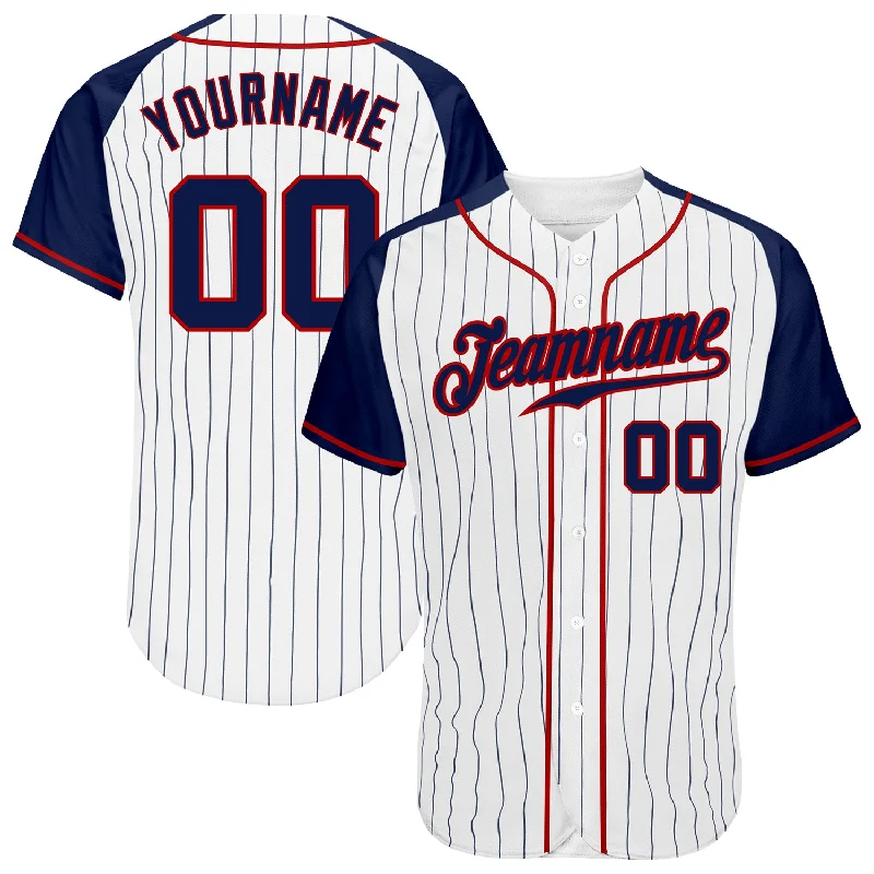 Baseball Jerseys With Custom Patches-Custom White Navy Pinstripe Navy-Red Authentic Raglan Sleeves Baseball Jersey