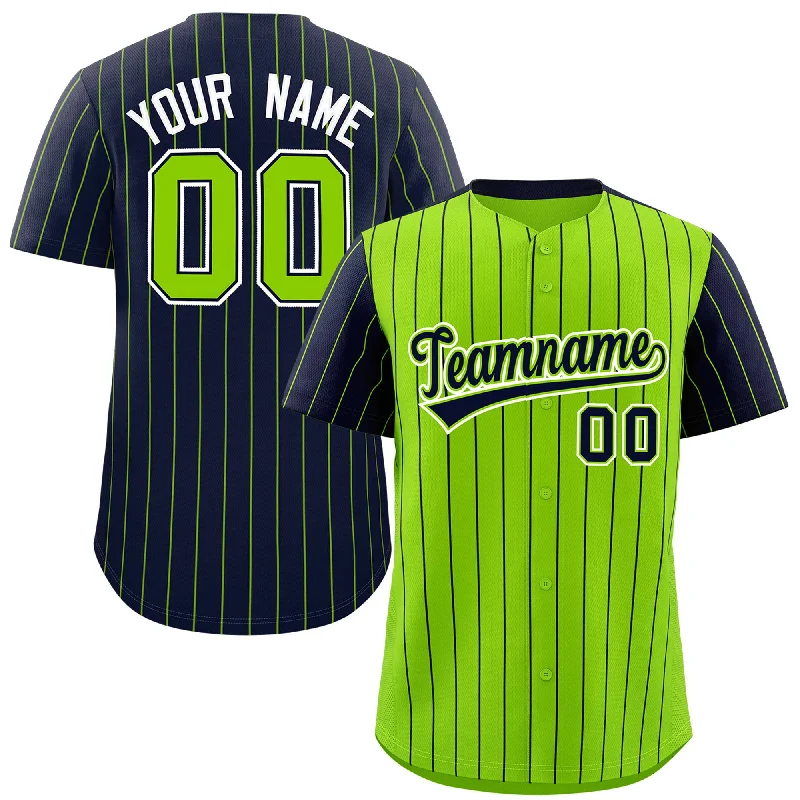 Team Baseball Jerseys For Youth Leagues-Custom Neon Green Navy Pinstripe Personalized Raglan Sleeves Authentic Baseball Jersey