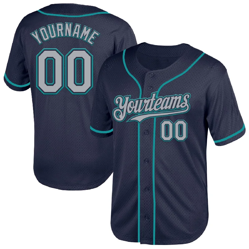 Baseball Jerseys With Custom Designs-Custom Navy Gray-Teal Mesh Authentic Throwback Baseball Jersey