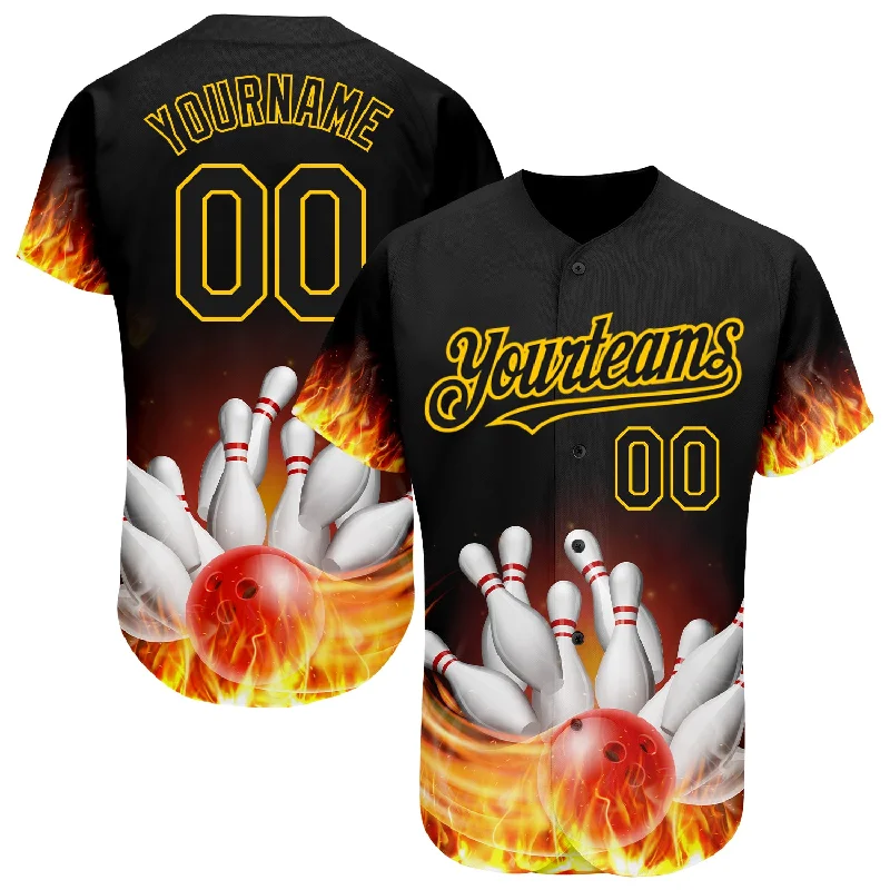 Baseball Jerseys For School Spirit Events-Custom Black Gold 3D Pattern Design Flame Bowling Authentic Baseball Jersey