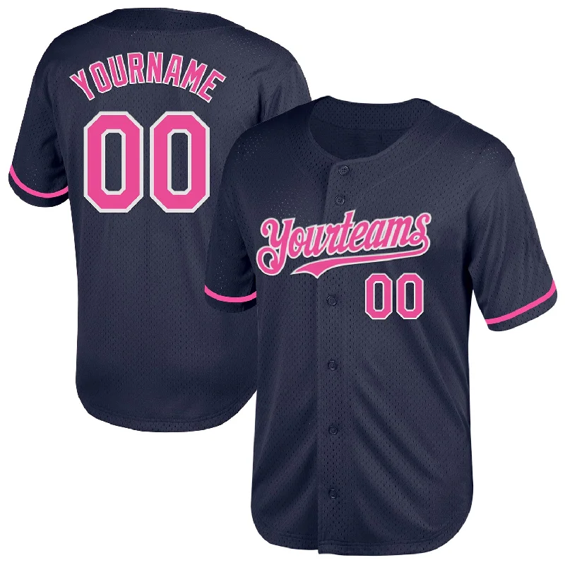 Baseball Jerseys With Custom Neck Designs-Custom Navy Pink-White Mesh Authentic Throwback Baseball Jersey