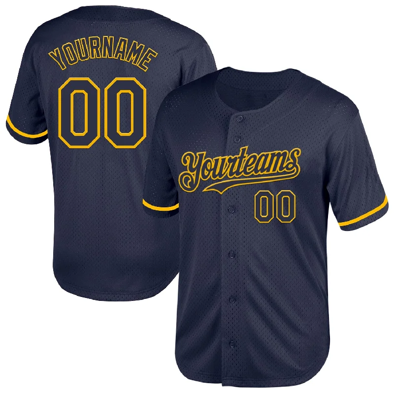 Custom Baseball Jerseys For Training-Custom Navy Gold Mesh Authentic Throwback Baseball Jersey