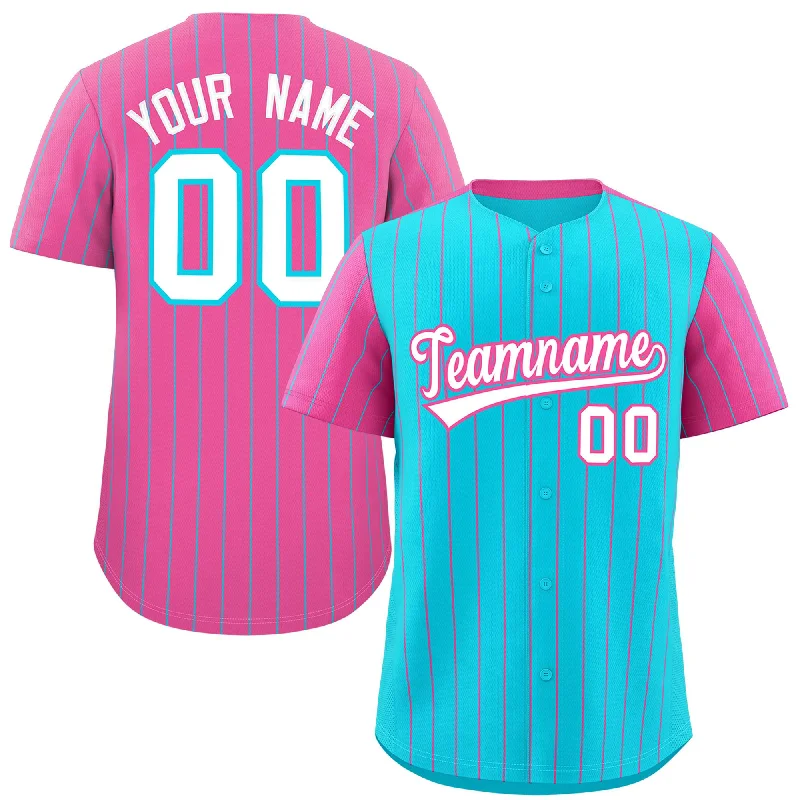 Custom Baseball Jerseys With Bold Colors-Custom Sky Blue Pink Pinstripe Personalized Raglan Sleeves Authentic Baseball Jersey