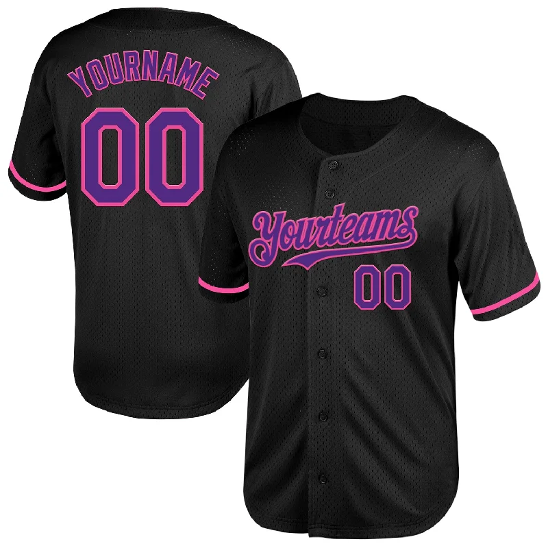 Custom Baseball Jerseys For Club Teams-Custom Black Purple-Pink Mesh Authentic Throwback Baseball Jersey