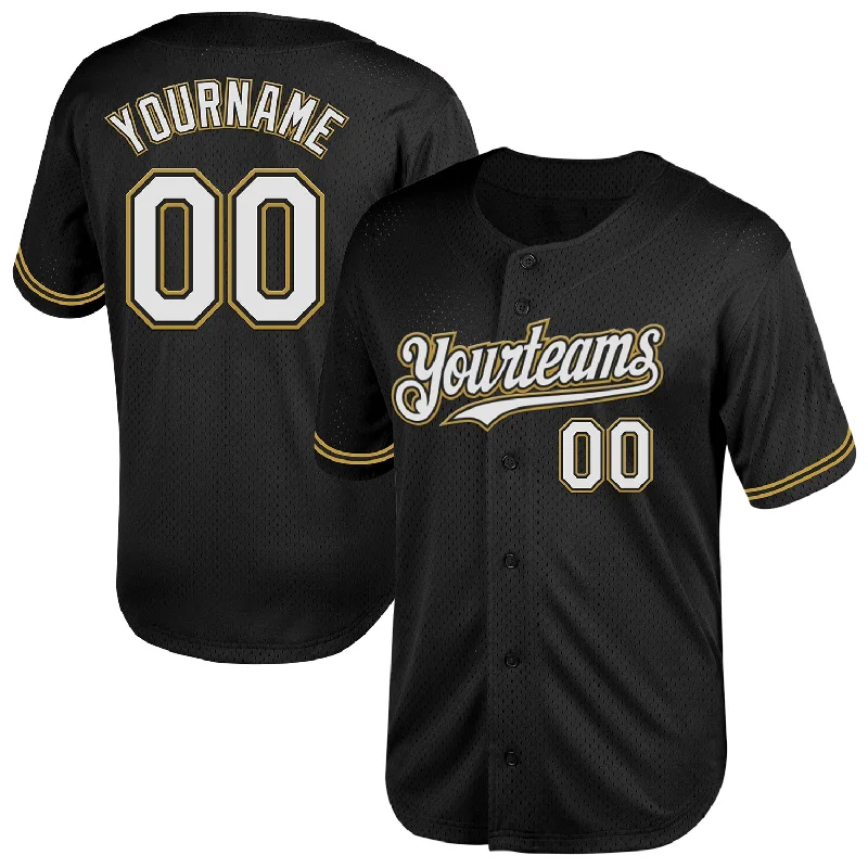 Custom Baseball Jerseys For Summer Leagues-Custom Black White-Old Gold Mesh Authentic Throwback Baseball Jersey