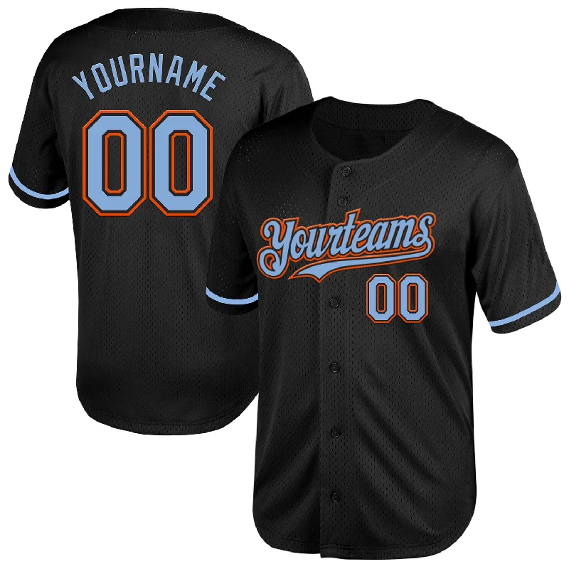 Team Baseball Jerseys With Printed Designs-Custom Black Light Blue-Orange Mesh Authentic Throwback Baseball Jersey