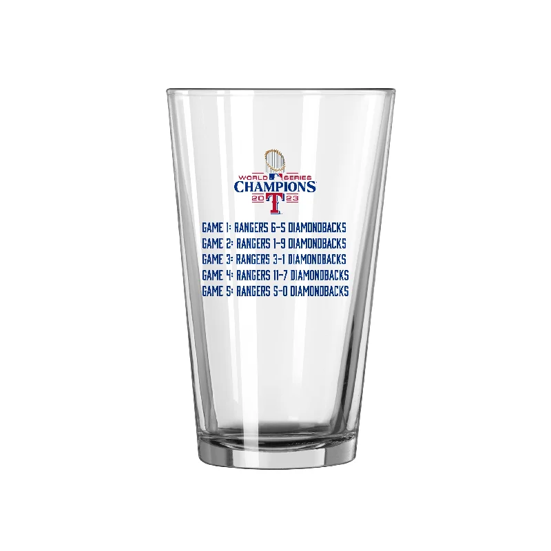 Personalized Team Mugs With Custom Graphics-Texas Rangers 16oz 2023 World Series Champions Summary Pint Glass