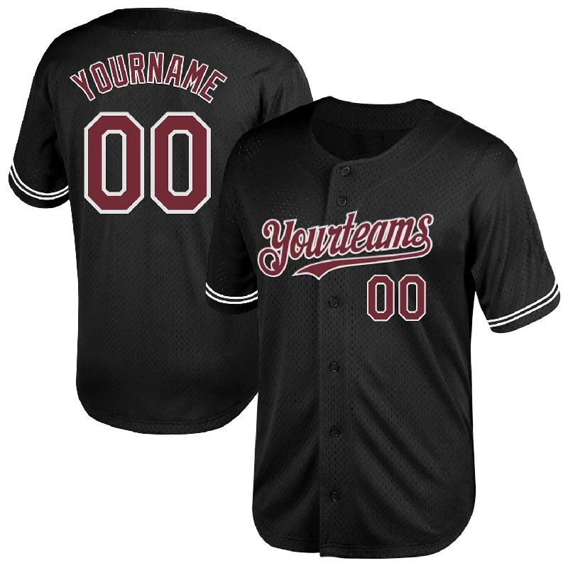 Custom Baseball Jerseys For Sports Clubs-Custom Black Burgundy-White Mesh Authentic Throwback Baseball Jersey