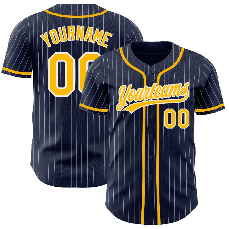 Custom Baseball Jerseys With Text And Logos-Custom Navy White Pinstripe Gold Authentic Baseball Jersey