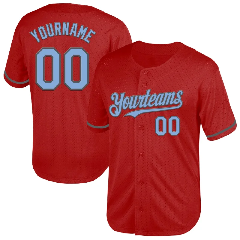 Baseball Jerseys For Boys With Numbers-Custom Red Light Blue-Steel Gray Mesh Authentic Throwback Baseball Jersey