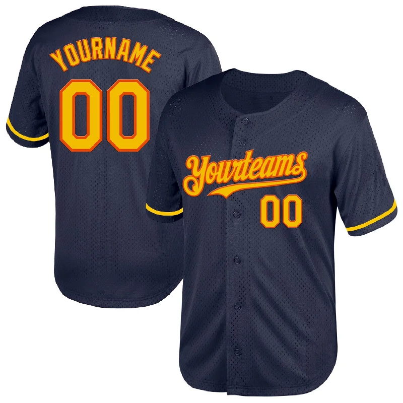 Personalized Baseball Jerseys With Player Stats-Custom Navy Yellow-Orange Mesh Authentic Throwback Baseball Jersey