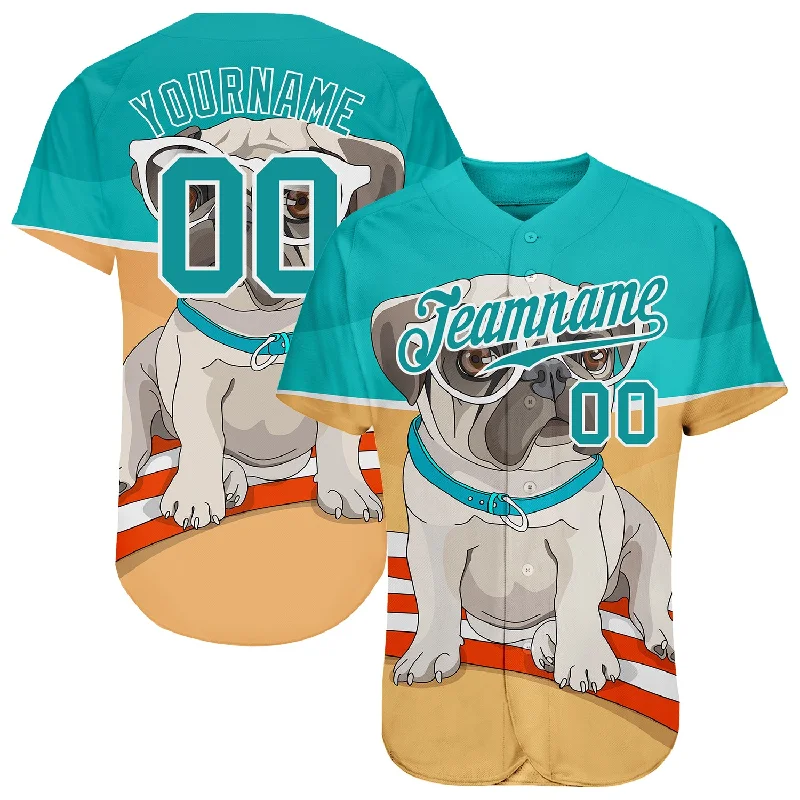 Custom Baseball Jerseys For Special Competitions-Custom Old Gold Teal-White 3D Pattern Design Puppy Pug Authentic Baseball Jersey