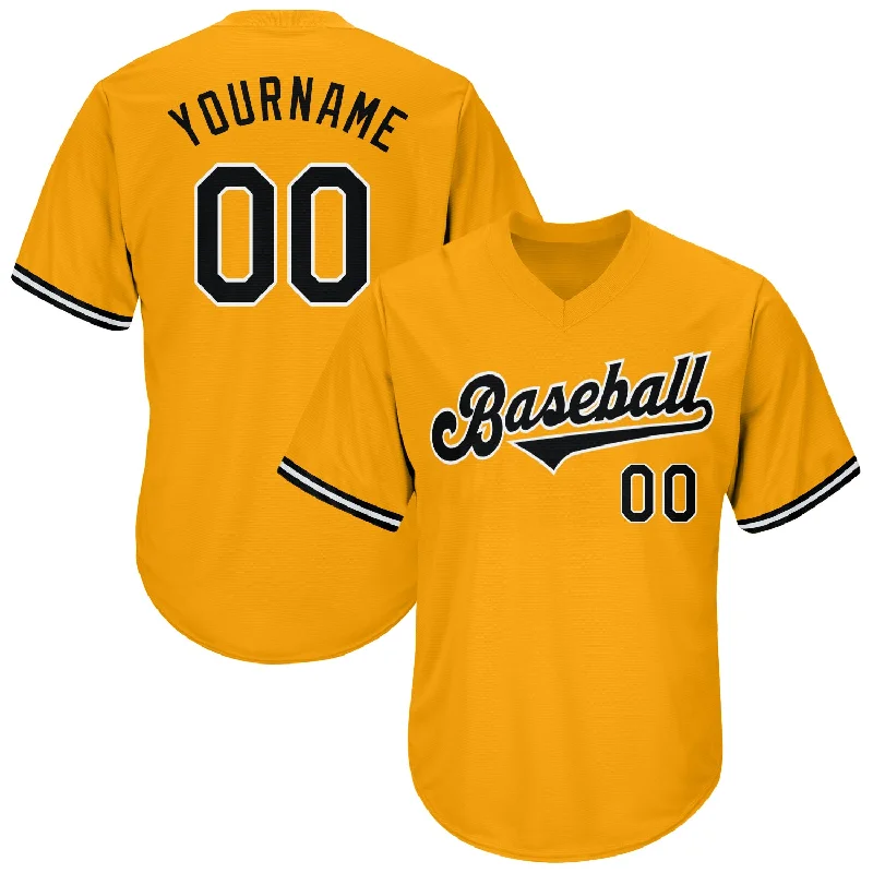 Baseball Jerseys With Player Name & Number-Custom Gold Black-White Authentic Throwback Rib-Knit Baseball Jersey Shirt