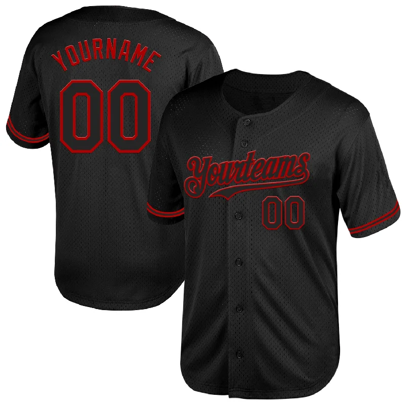 Custom Baseball Jerseys For Family Reunions-Custom Black Red Mesh Authentic Throwback Baseball Jersey