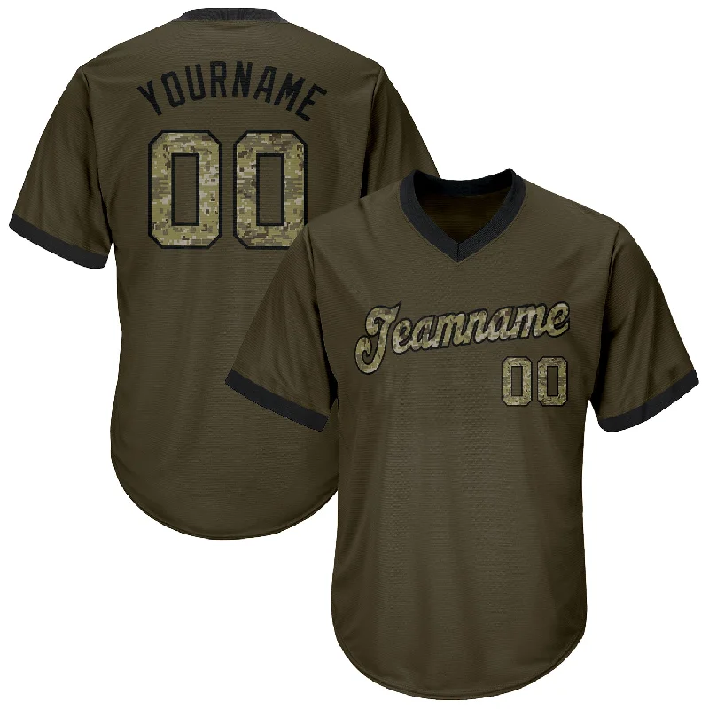 Baseball Jerseys With Custom Stripe Designs-Custom Olive Camo-Black Authentic Throwback Rib-Knit Salute To Service Baseball Jersey Shirt