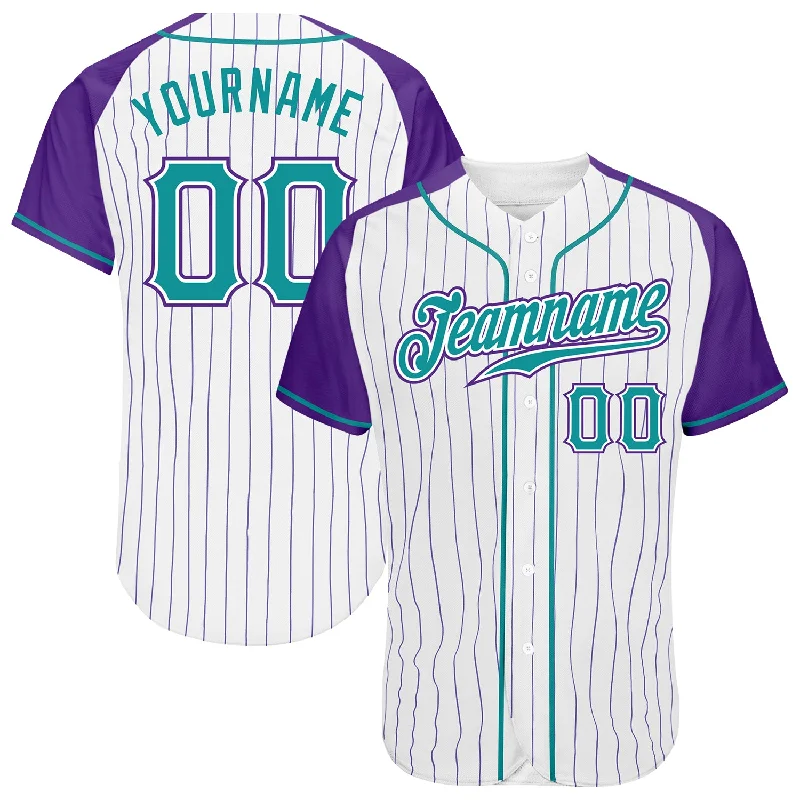 Custom Name Baseball Jerseys-Custom White Purple Pinstripe Teal-Purple Authentic Raglan Sleeves Baseball Jersey