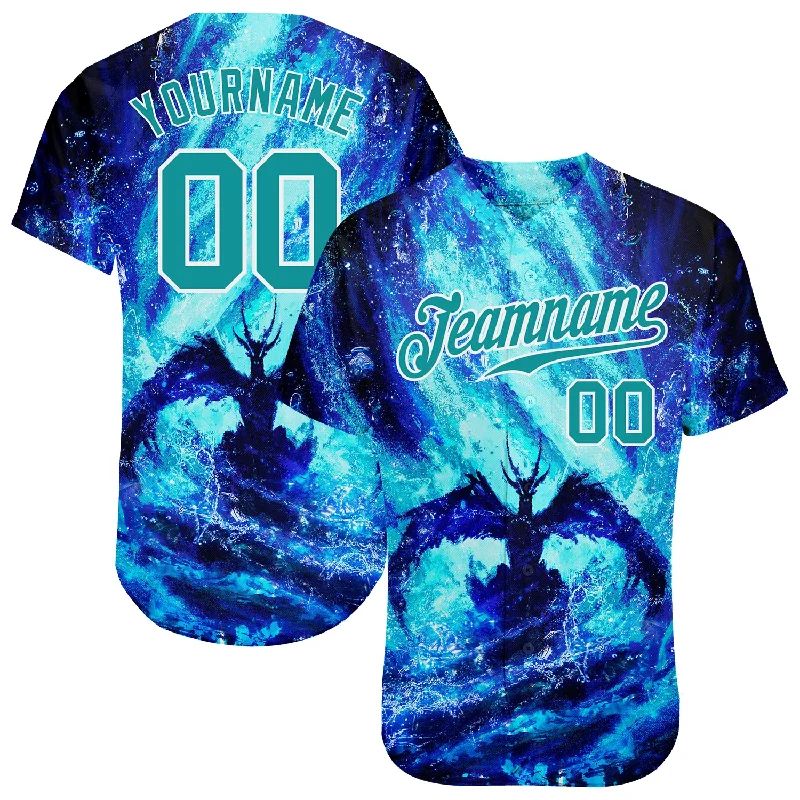 Youth Baseball Jerseys With Custom Names-Custom Royal Teal-White 3D Pattern Design Water Dragon Authentic Baseball Jersey