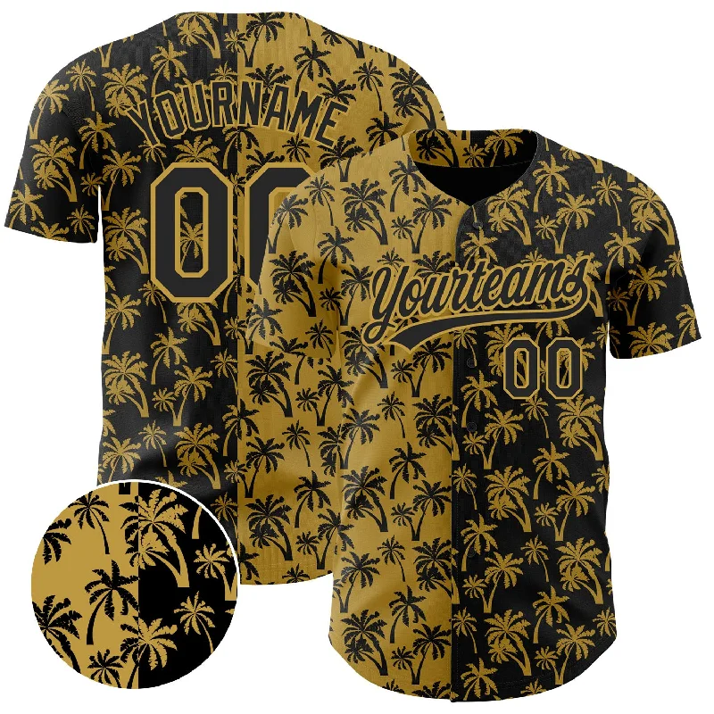 Baseball Jerseys With Custom Graphics-Custom Old Gold Black 3D Pattern Design Tropical Hawaii Palm Trees Authentic Baseball Jersey