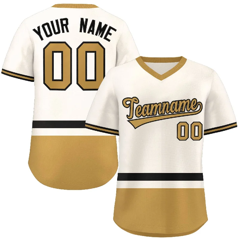 Unique Design Baseball Jerseys-Custom Cream Black-Old Gold Color Block Personalized V-Neck Authentic Pullover Baseball Jersey