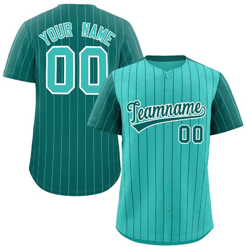 Baseball Jerseys With Player Names For Kids-Custom Bright Green Aqua Pinstripe Personalized Raglan Sleeves Authentic Baseball Jersey