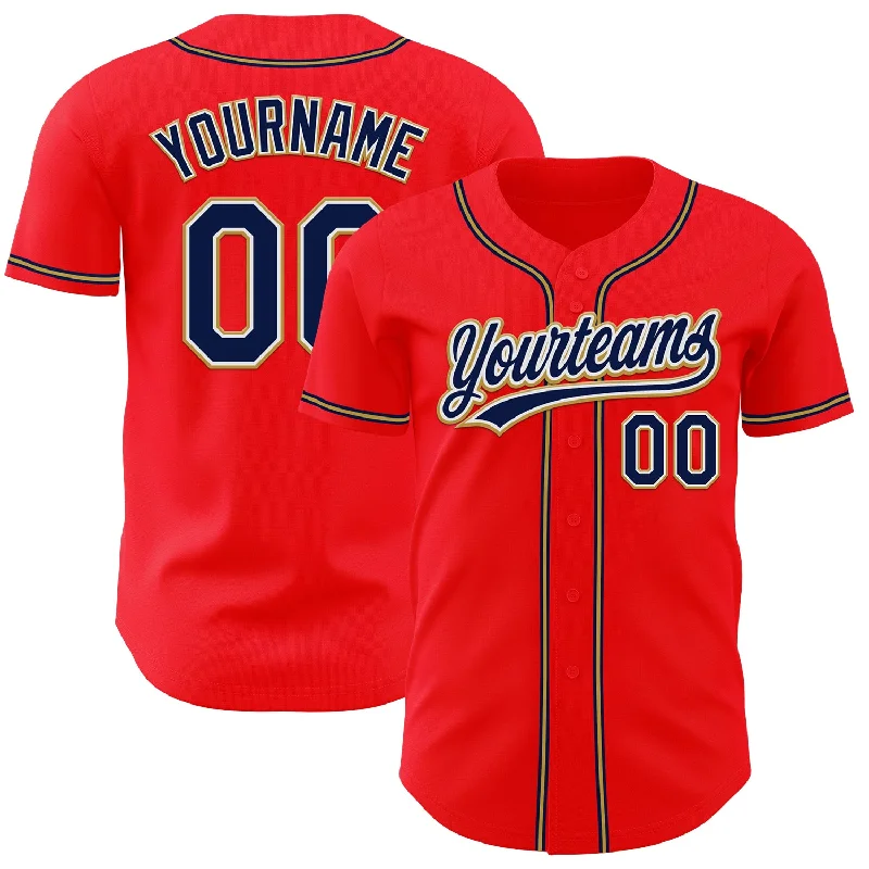 Custom Baseball Jerseys For Special Groups-Custom Fire Red Navy-Old Gold Authentic Baseball Jersey