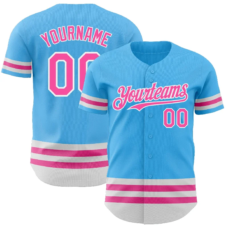 Classic Baseball Jerseys-Custom Sky Blue Pink-White Line Authentic Baseball Jersey