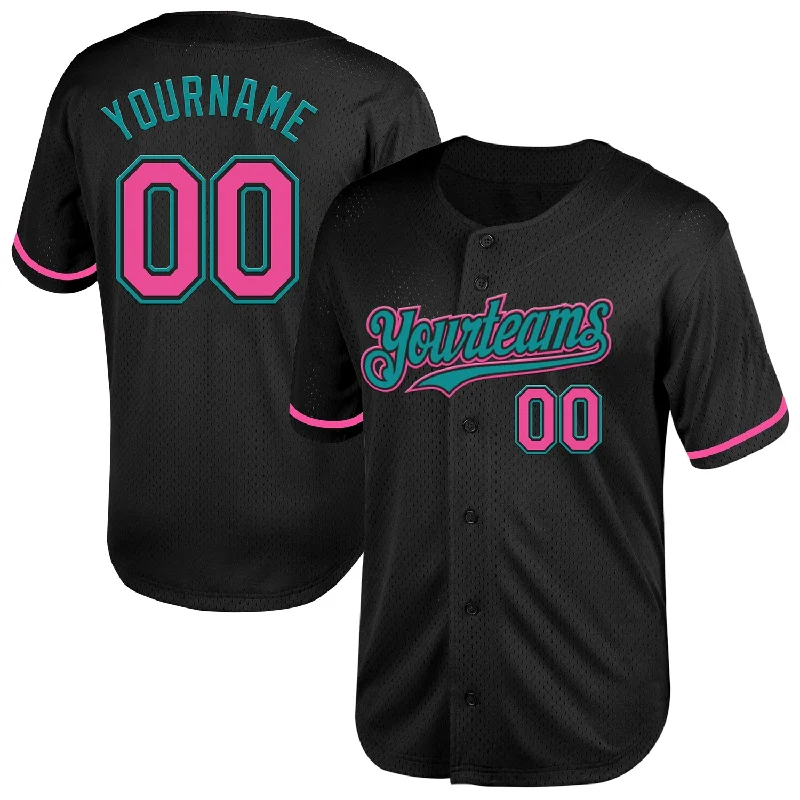 Custom Baseball Jerseys With Vintage Graphics-Custom Black Pink-Teal Mesh Authentic Throwback Baseball Jersey