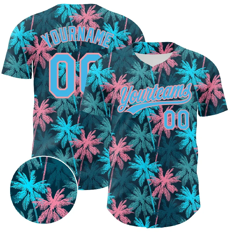 Baseball Jerseys With Player Signatures-Custom Black Sky Blue-Medium Pink 3D Pattern Design Tropical Hawaii Palm Trees Authentic Baseball Jersey