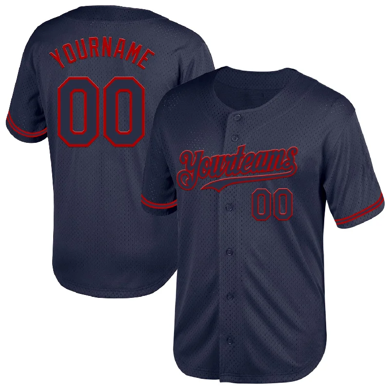 Custom Baseball Jerseys With Fashionable Designs-Custom Navy Red Mesh Authentic Throwback Baseball Jersey