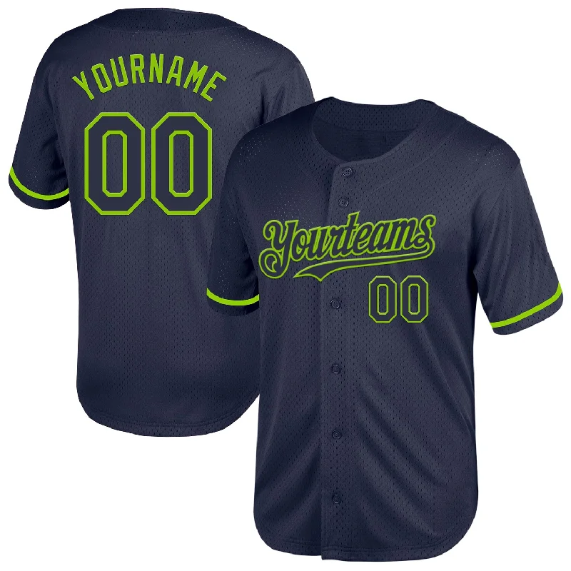 Baseball Jerseys For Boys With Numbers-Custom Navy Neon Green Mesh Authentic Throwback Baseball Jersey