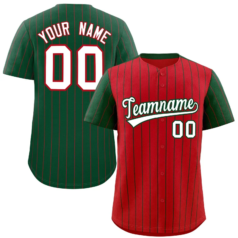 Unique Design Baseball Jerseys-Custom Red Green Pinstripe Personalized Raglan Sleeves Authentic Baseball Jersey