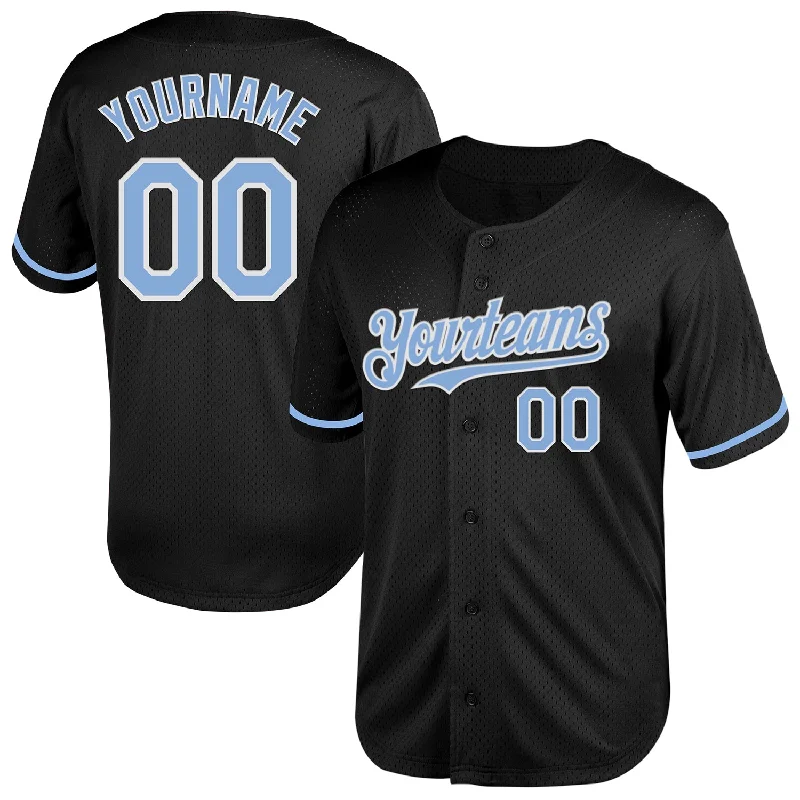 Custom Baseball Jerseys With Fashionable Designs-Custom Black Light Blue-White Mesh Authentic Throwback Baseball Jersey