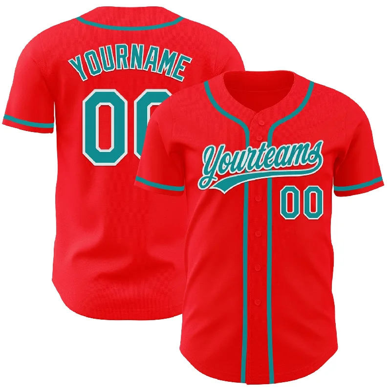 Baseball Jerseys With Custom Lettering And Numbers-Custom Fire Red Teal-White Authentic Baseball Jersey