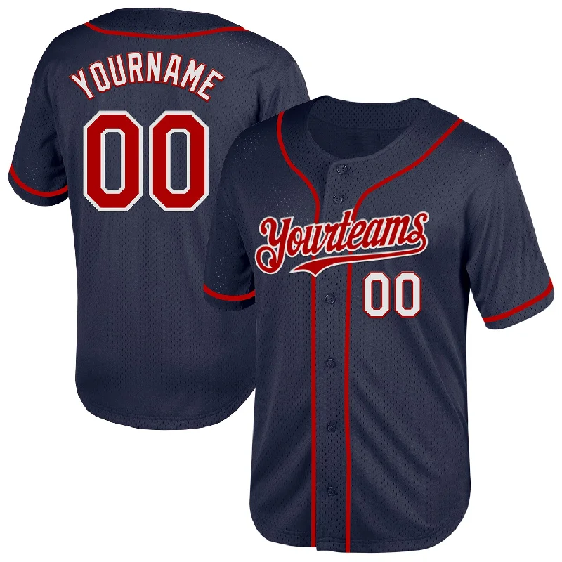 Customizable Baseball Jerseys-Custom Navy Red-White Mesh Authentic Throwback Baseball Jersey