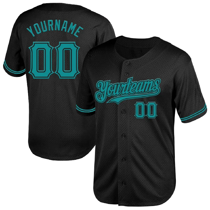 Personalized Baseball Jerseys With Custom Numbers-Custom Black Teal Mesh Authentic Throwback Baseball Jersey